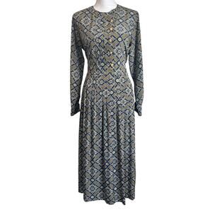 Talbots Vintage Long Sleeve Midi Dress Blue Size 6 Gold  Button Old Money Retro